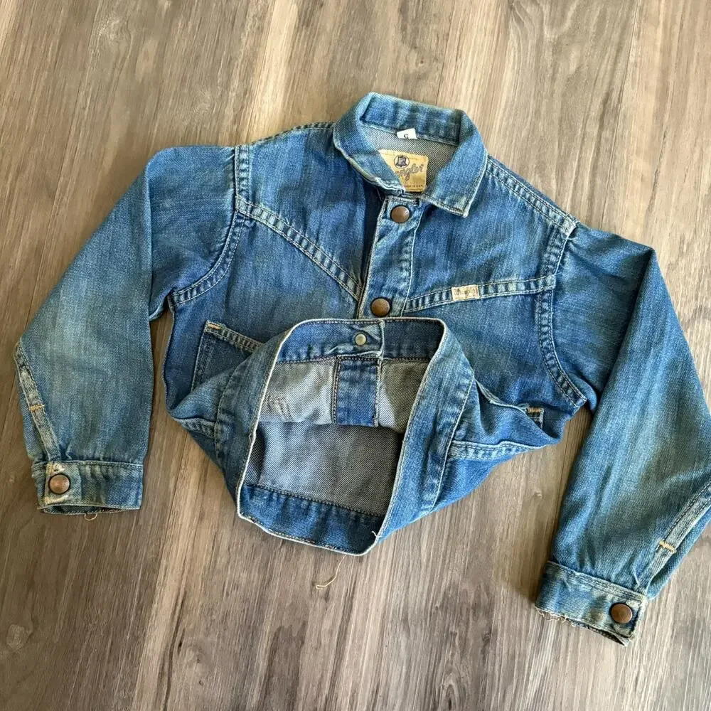 Vintage Wrangler Blue Bell Denim Jean Jacket Sanforized Kids Size 5 USA 1960s